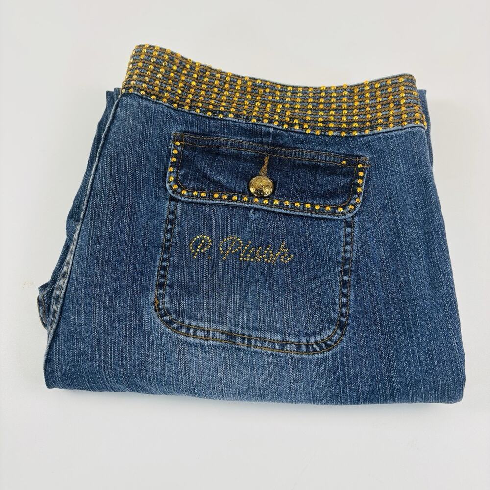 Platinum Plush Jeans Pants Women's 21 Blue Wide Straight Leg Cropped Embellished - Picture 16 of 16